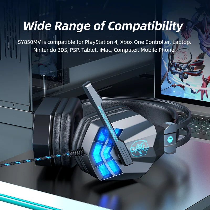 SY850 Wired Dynamic Stereo Headphone with Noise Cancelling Feature Gamer LED Gaming Headset with Mic for PC PS4 Xbox Switch