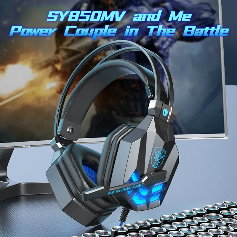 SY850 Wired Dynamic Stereo Headphone with Noise Cancelling Feature Gamer LED Gaming Headset with Mic for PC PS4 Xbox Switch