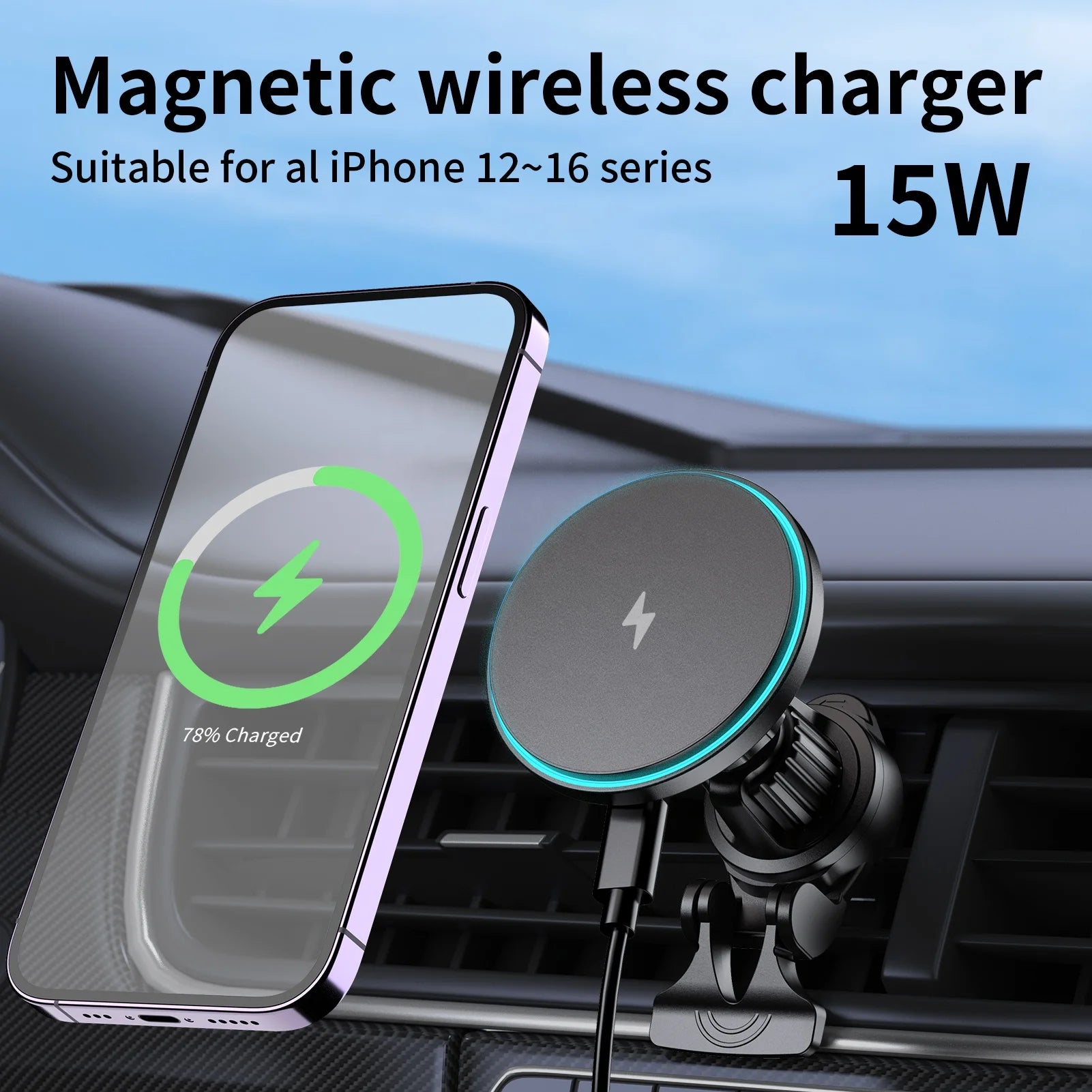 15W Fast Charger Magnetic Wireless Car Charger Portable Adjustable Car Phone Holder Charger for iPhone 17 16 15 14 13 12 Pro Max