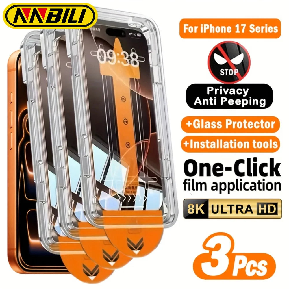 NNBILI 3Pcs Privacy Tempered Glass for iPhone 17 16 15 Pro Max Plus 14 13 12 11 Pro 16e 17Air Dust Free Instatll Screen Protecto