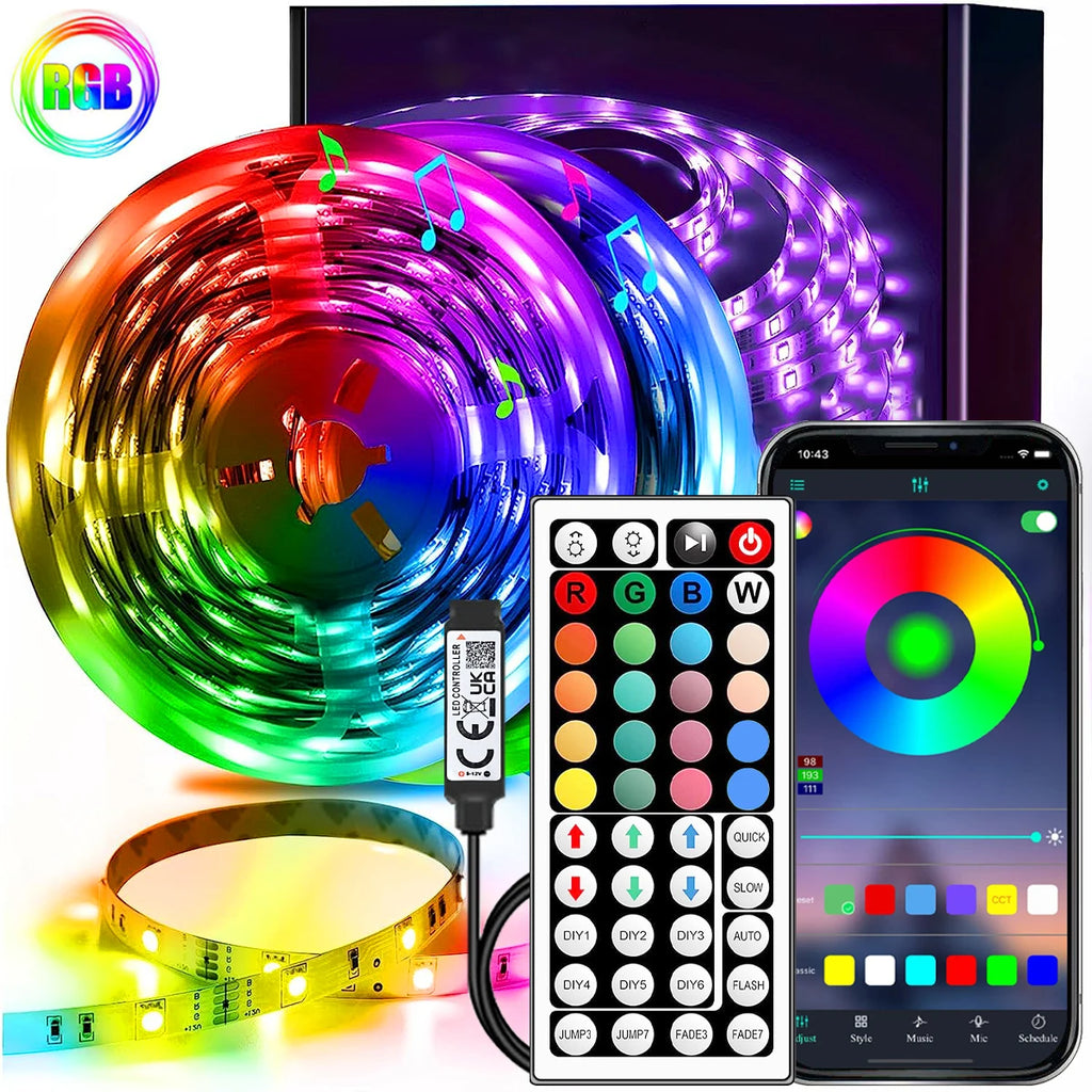 1-40m LED Strip Lights for Room Decoration, APP + 44-Key Remote Music Sync, 5V USB RGB Flexible Tape for TV Backlight